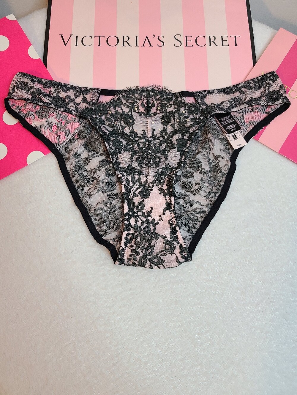 Y2K Victoria's Secret Sexy Floral Rhinestone Lace Cut-out Cheekini Panty Size M